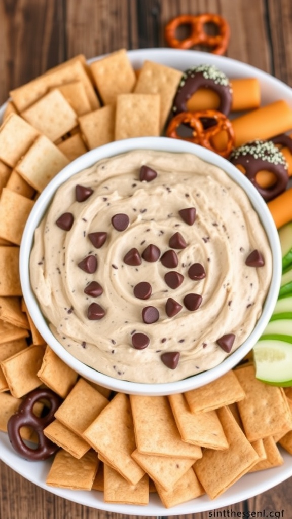A bowl of cookie dough dip with chocolate chips, served with graham crackers and pretzels on a wooden table.